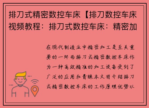 排刀式精密数控车床【排刀数控车床视频教程：排刀式数控车床：精密加工的首选】